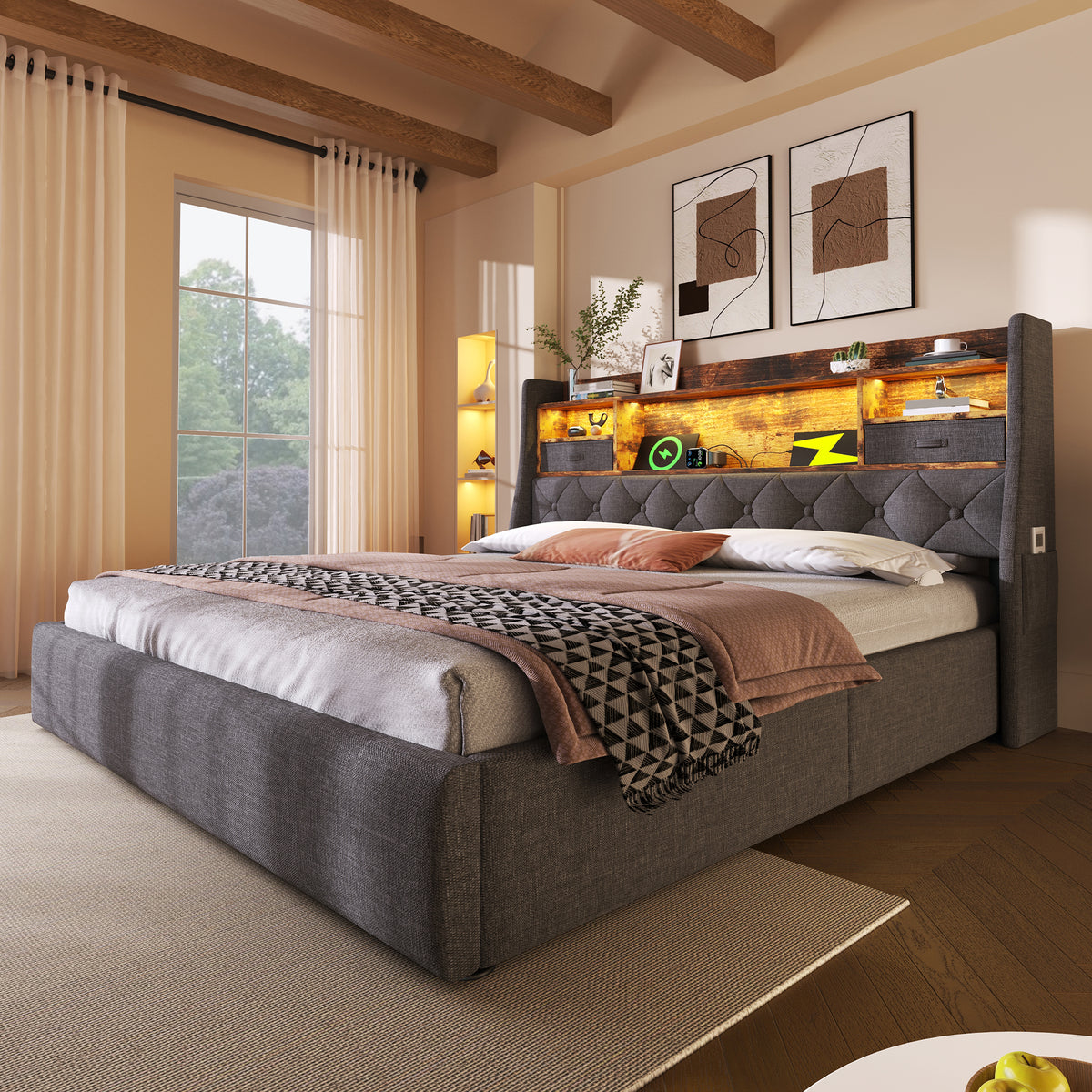Upholstered Bed 140x190cm with Storage & LED, Grey Linen