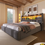 Upholstered Bed 140x200cm with LED Headboard & Storage, Grey Linen