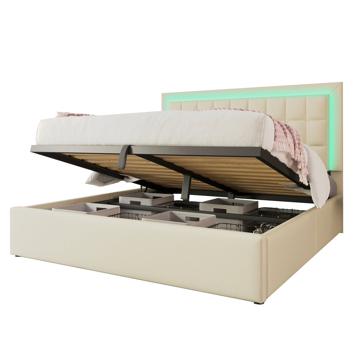 Upholstered Storage Bed 180x200cm with LED, White Faux Leather