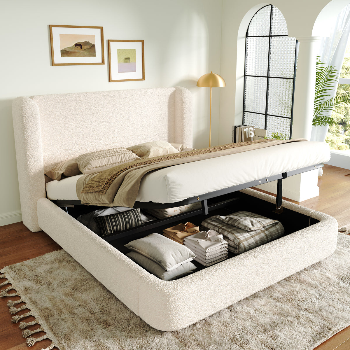 Upholstered Double Bed with Hydraulic Storage 140x200cm, Beige Bouclé