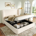 Upholstered Double Bed 160x200 with Hydraulic Storage, Beige Bouclé