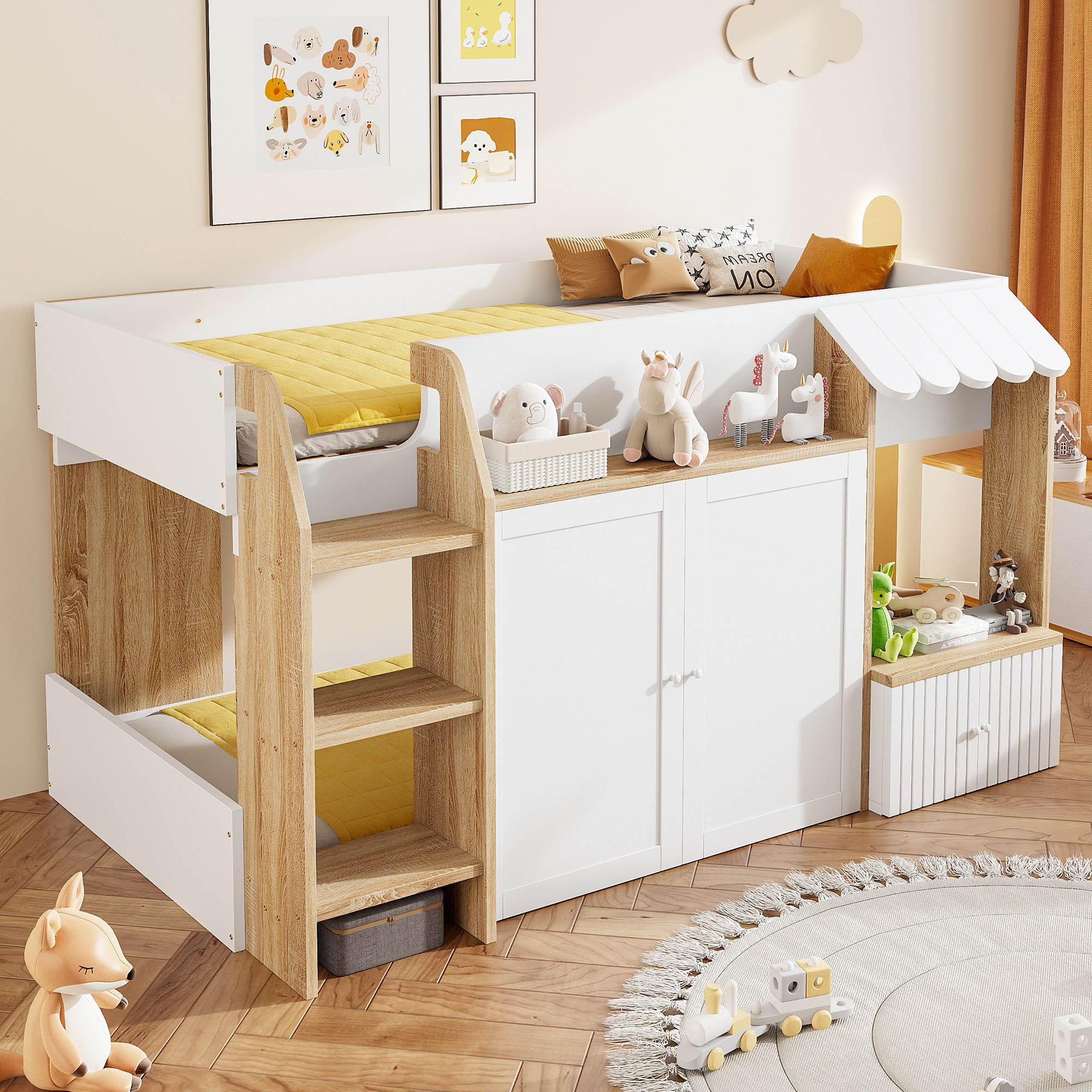 Children's House Bed 90x200cm with Storage & Ladder, Solid Wood