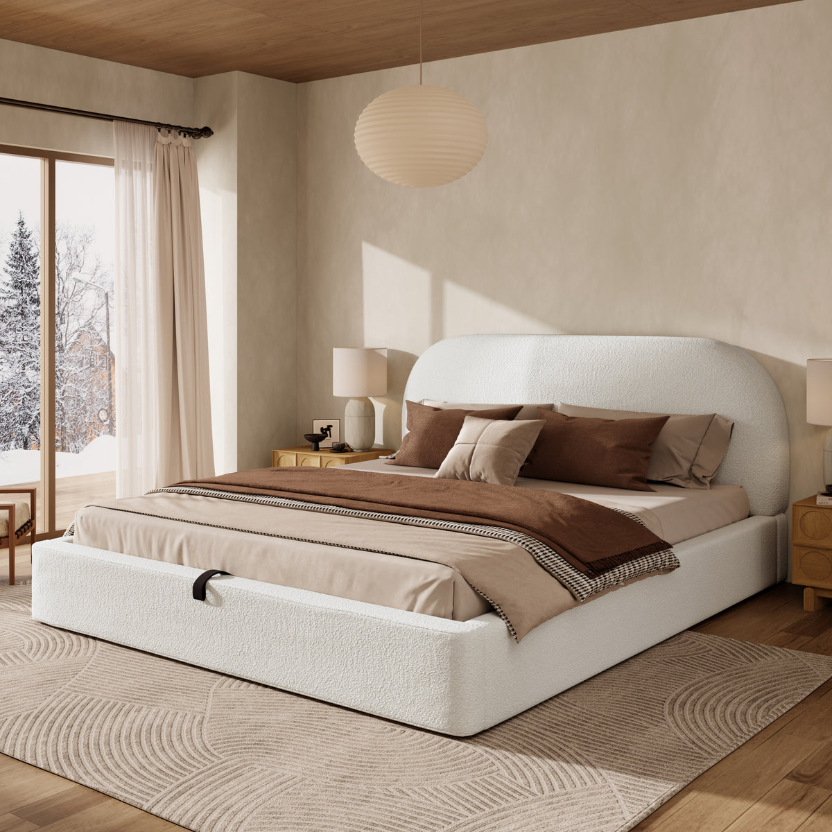 Upholstered Double Bed 160x200cm with Storage, Beige Bouclé