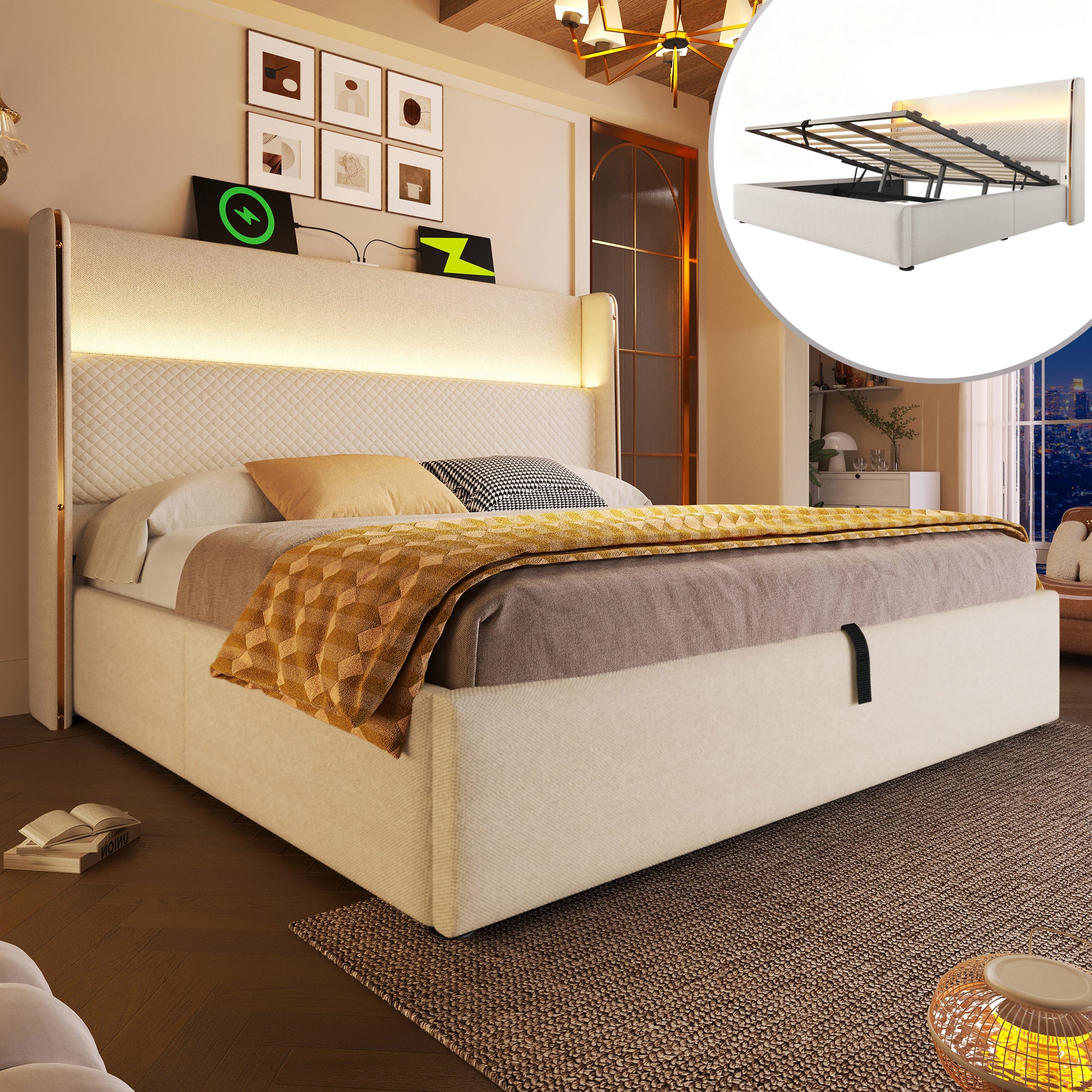 Modern Hydraulic Double Bed 180x200 LED USB Storage, Beige Linen