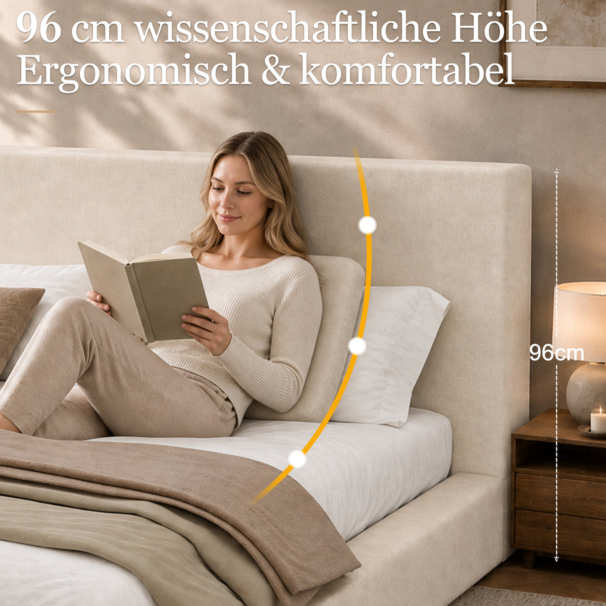 Upholstered Double Bed 160x200cm with Slatted Base, Beige Chenille