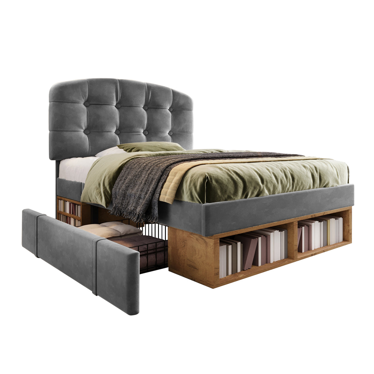 Single Upholstered Bed 90x200 with Drawers, Grey Velvet
