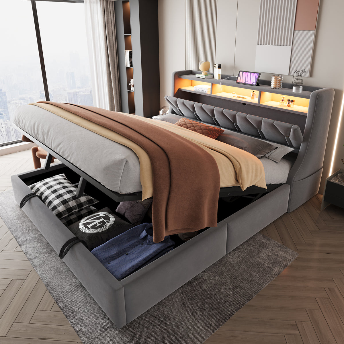 Upholstered Storage Bed 180x200 with LED & Power Outlet, Grey Velvet