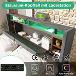 Upholstered Double Bed Frame with Storage Headboard, USB & LED, Grey