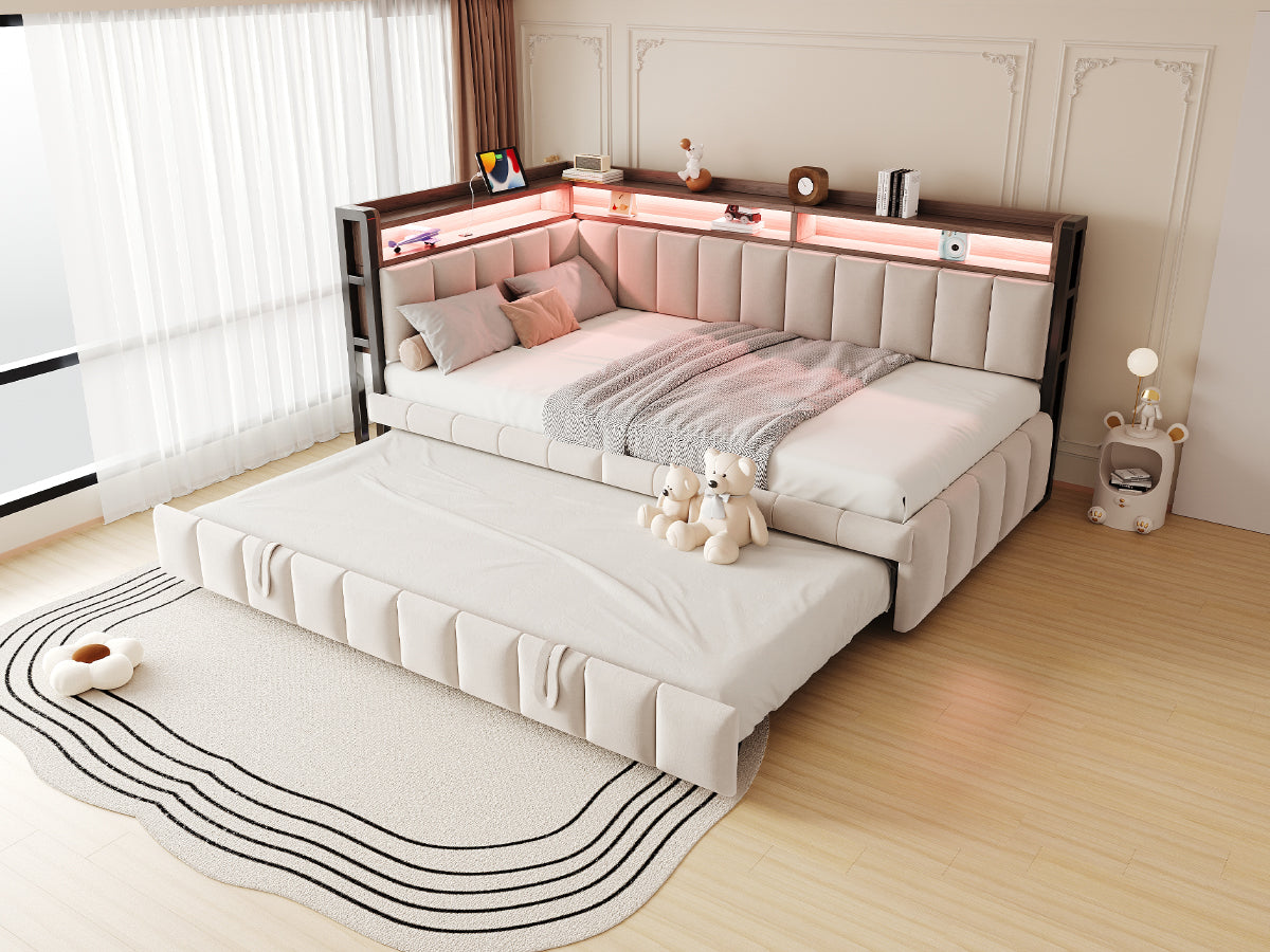 Upholstered Sofa Bed 90x200cm with Pull-Out Bed & LED, Beige Velvet