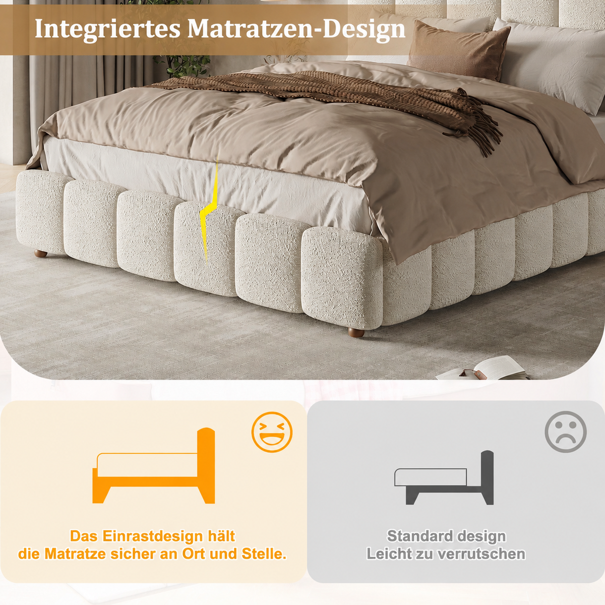 Upholstered Double Bed 140x200cm Hydraulic Storage White Bouclé