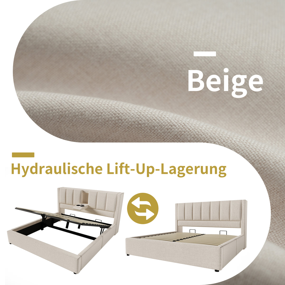 Upholstered Bed 140x190cm with Storage & Charging, Beige Linen