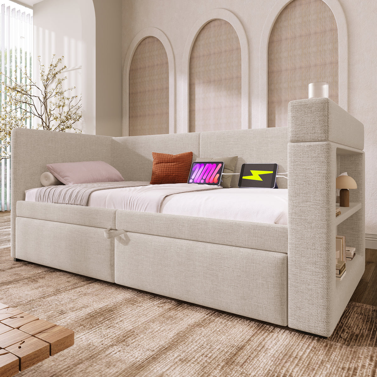 Upholstered Daybed 90x200cm with Trundle & USB, Beige Linen Blend