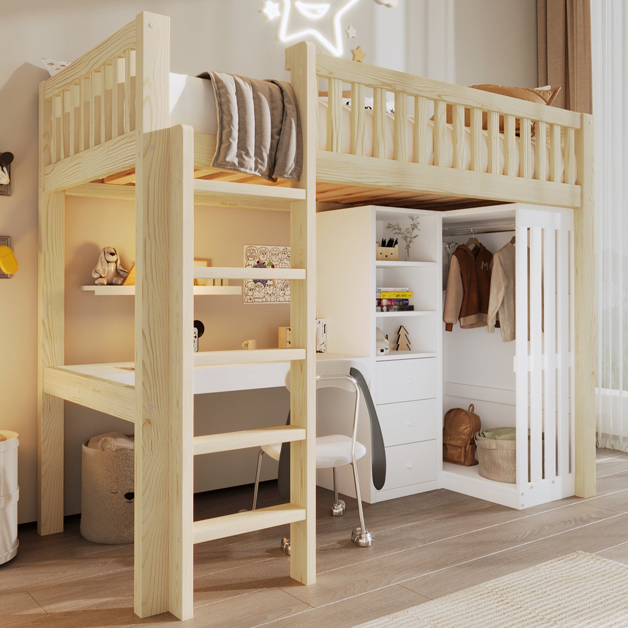 Loft Bed 90x200cm with Desk, Wardrobe & Drawers, Natural