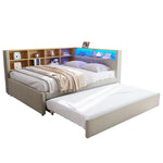 Sofa Bed 140x200cm with Trundle, LED & Storage, Light Grey Flannel