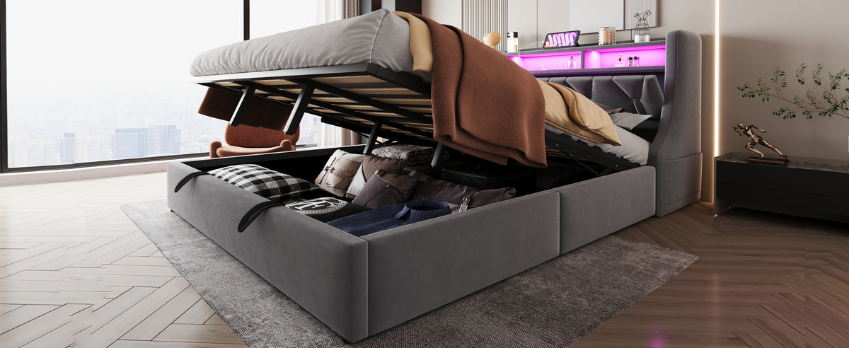Upholstered Storage Bed 180x200 with LED & Power Outlet, Grey Velvet