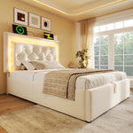 Upholstered Single Bed 90x200cm with LED & Storage, Beige Velvet