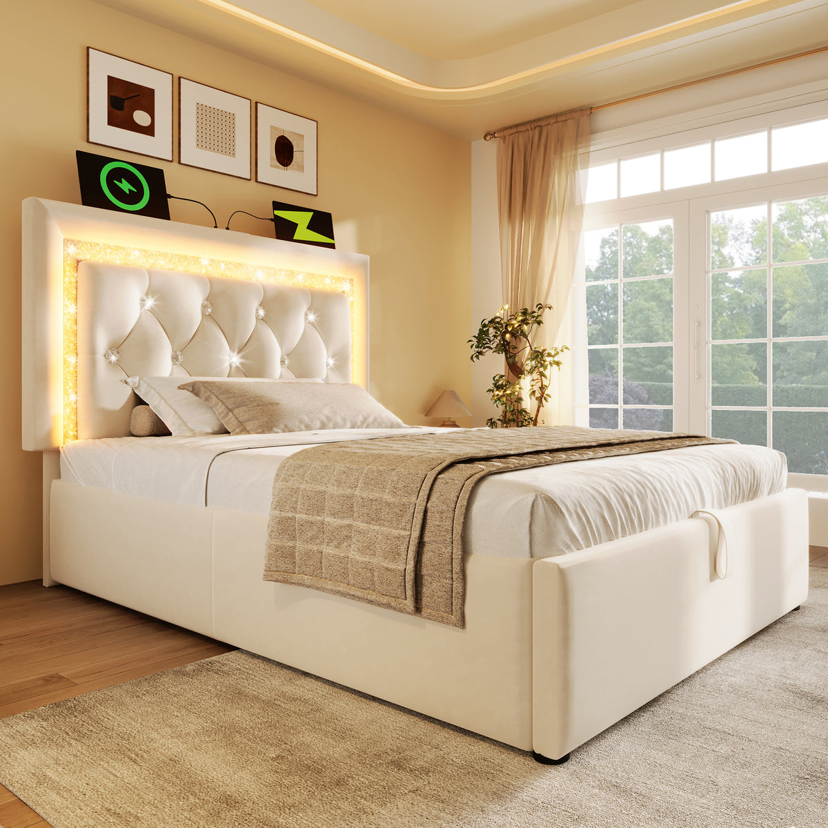 Upholstered Bed 90x200cm with LED & Storage, Beige Velvet
