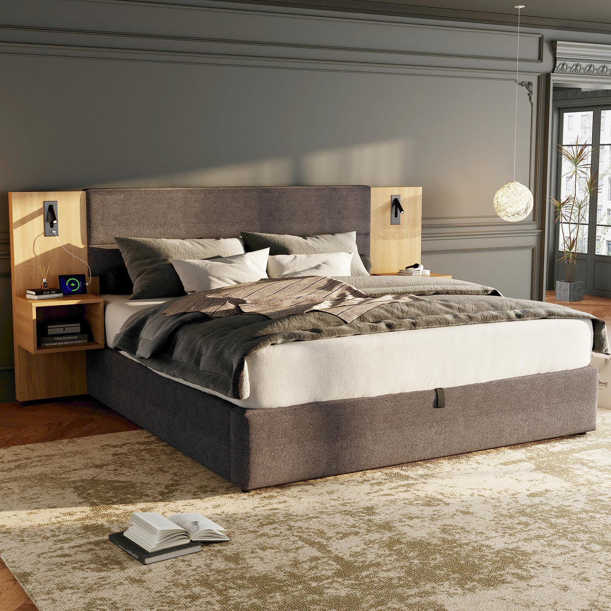 Upholstered Bed 180x200cm with LED & 2 Nightstands, Grey Velvet