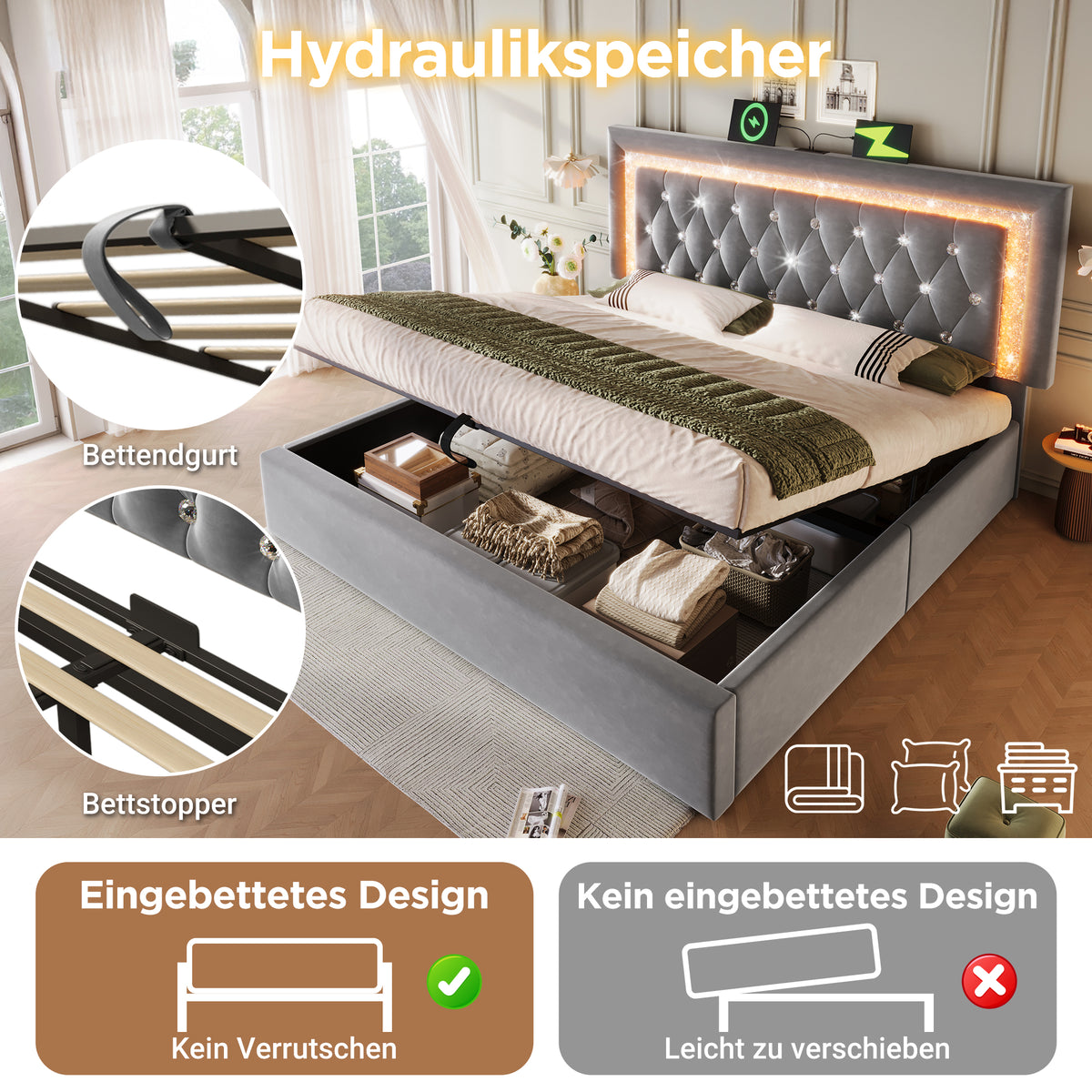 Upholstered Bed 180x200cm with LED & Storage, Grey Velvet