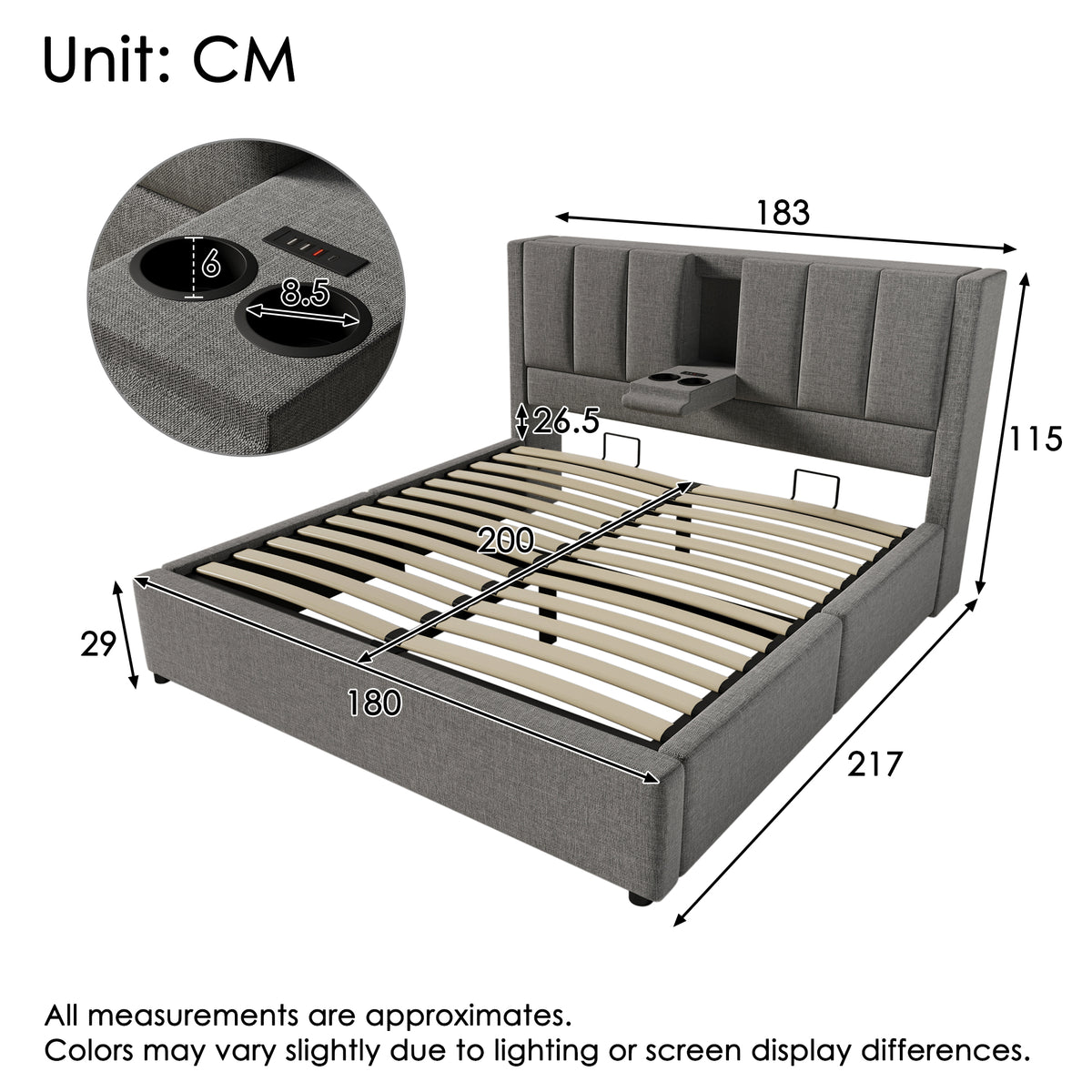 Wooden Double Bed 160x200cm with Storage & LED, Light Oak