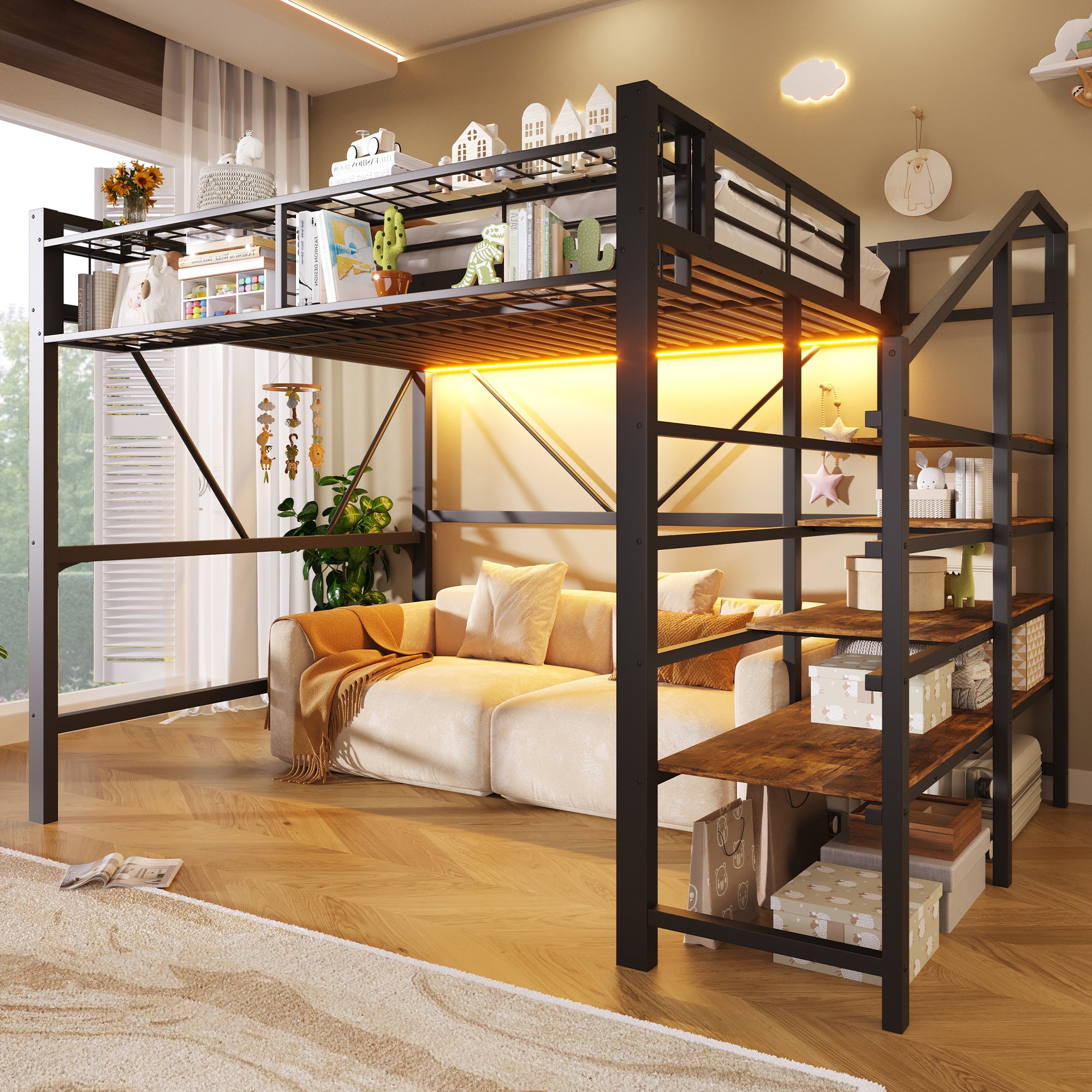 Loft Bed 140x200cm with LED Light Strip, Black Metal
