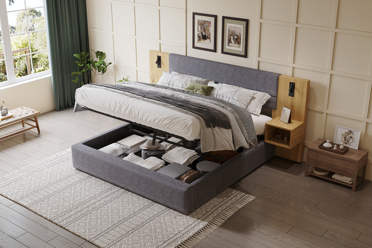 Upholstered Bed 180x200cm with LED & 2 Nightstands, Grey Velvet