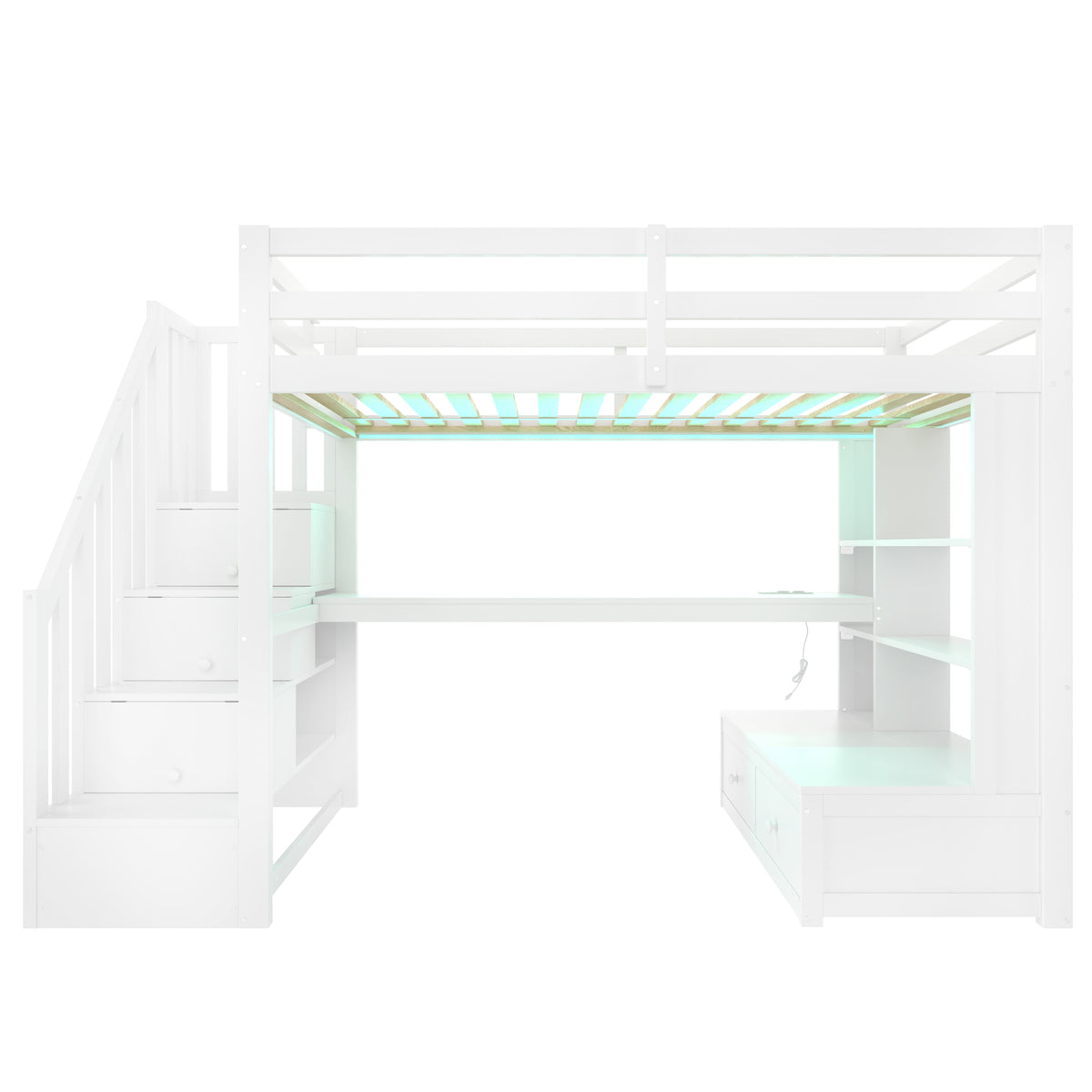 Loft Bed 90x200 with Desk, Shelves & Storage Stairs, White