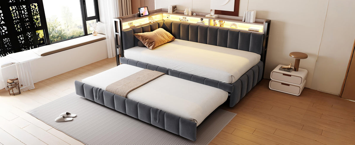 Upholstered Sofa Bed 90x200cm with Trundle & LED, Dark Grey Velvet