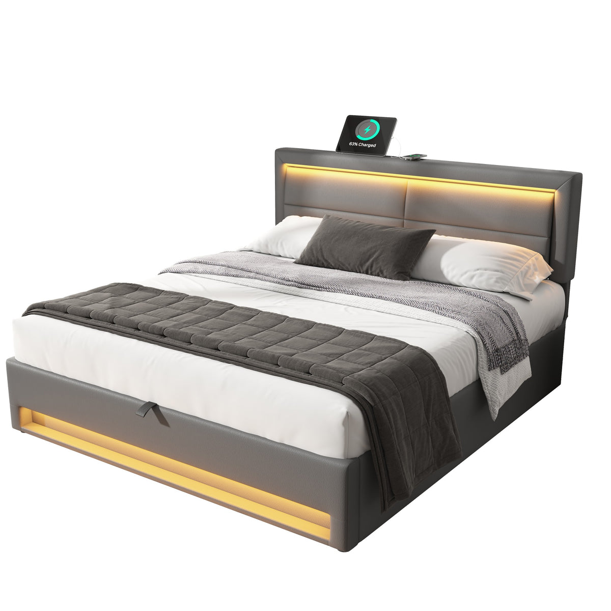 Upholstered Bed 160x200cm with LED & Storage, Grey PU