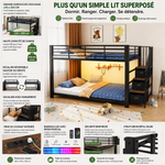 Metal Bunk Bed 90x200cm with Stairs, Storage & LED, Black