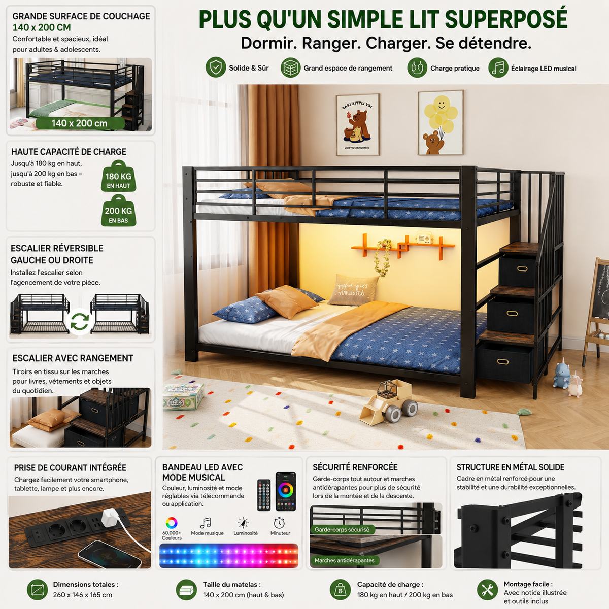Metal Bunk Bed 140x200cm with Storage Stairs & LED Light, Black