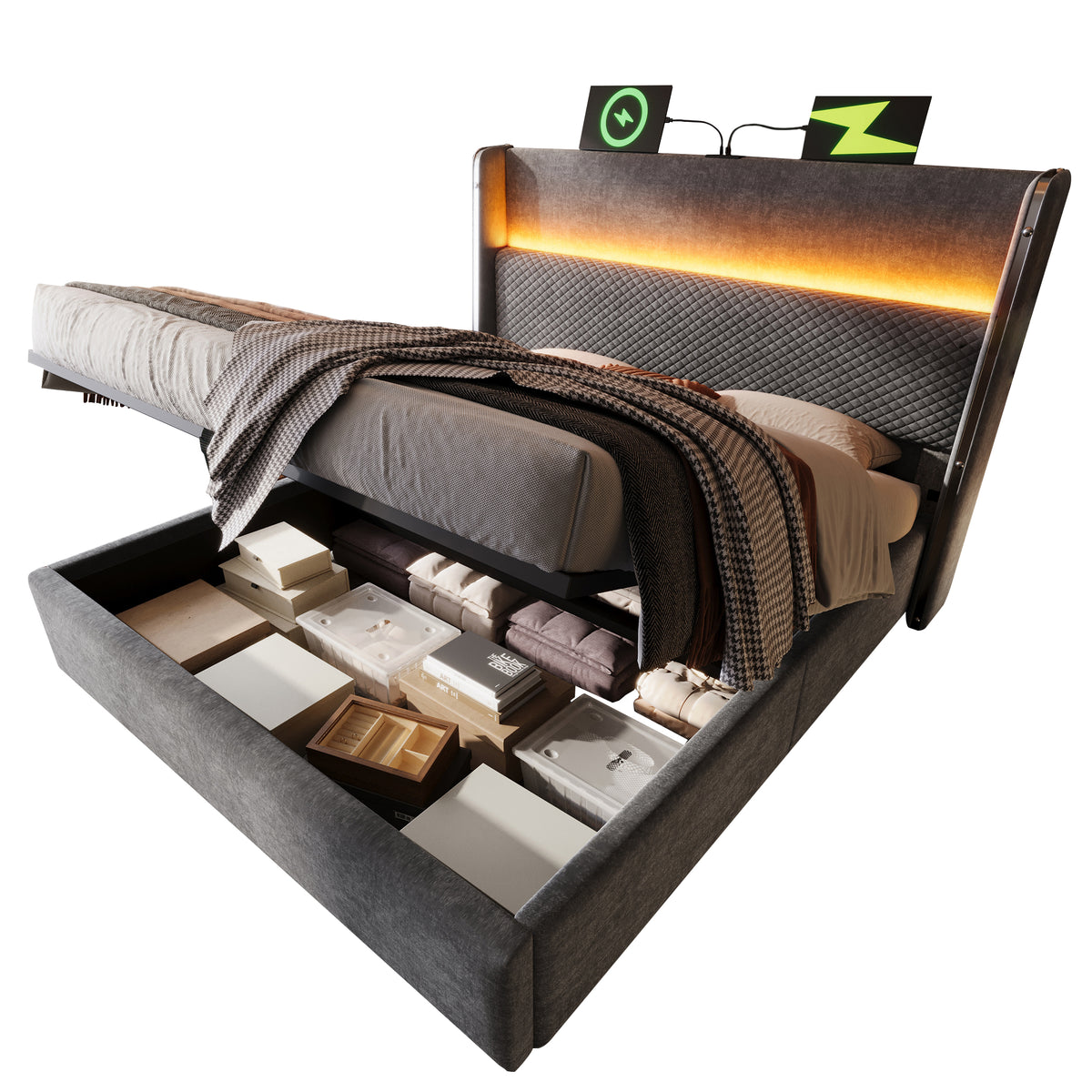 Hydraulic Double Bed 160x200 with LED, Storage & USB, Grey Linen