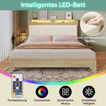Wooden Double Bed 160x200cm with Storage & LED, Light Oak