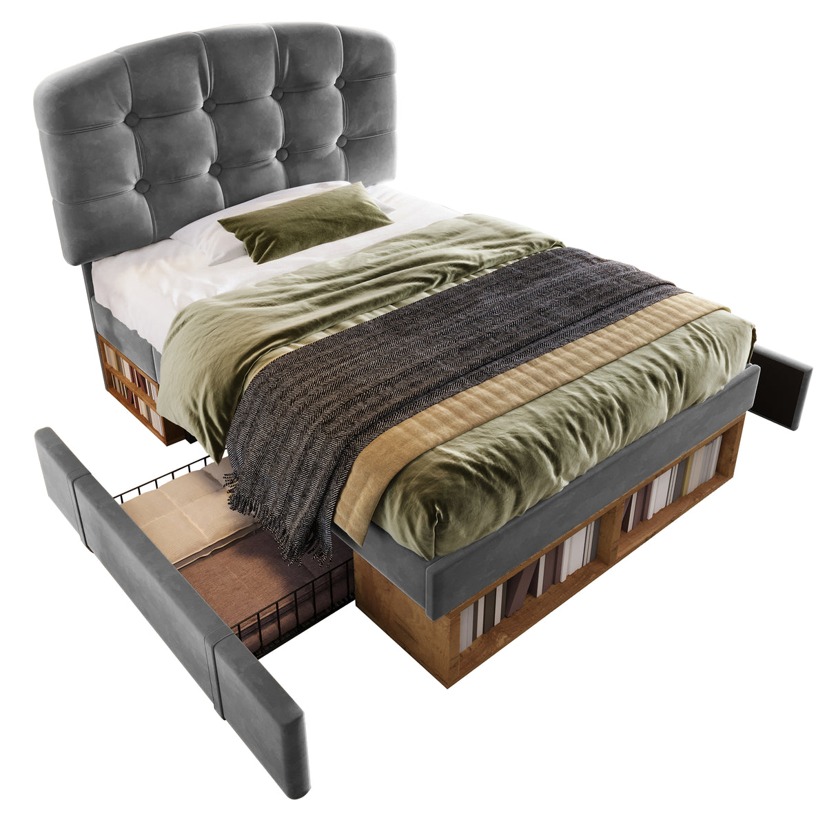 Single Upholstered Bed 90x200 with Drawers, Grey Velvet