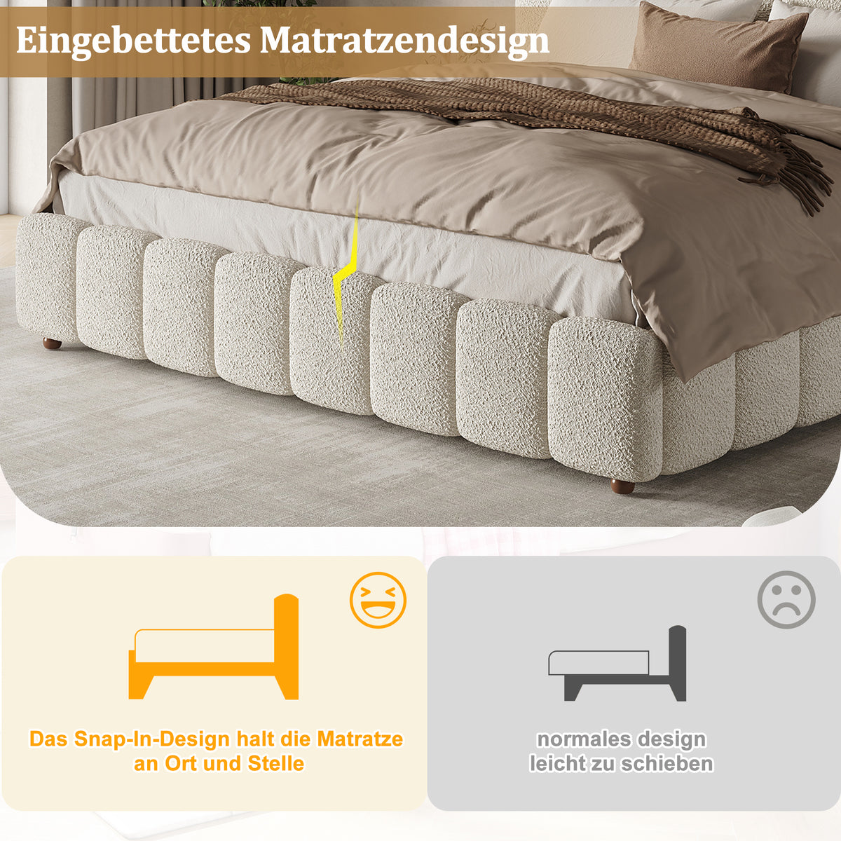Upholstered Double Bed 180x200cm with Storage, White Bouclé
