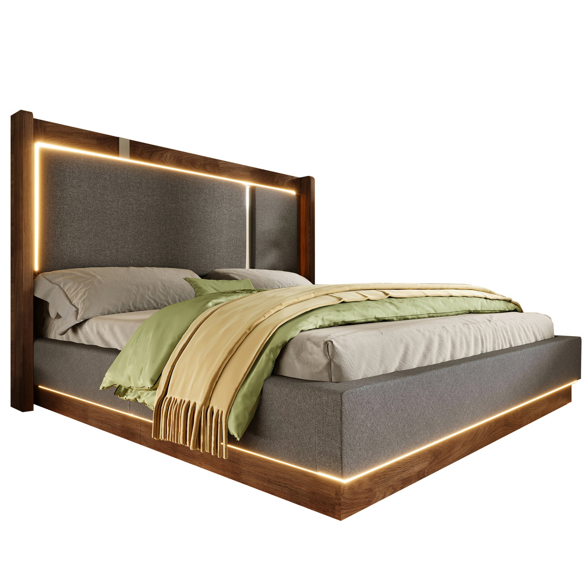 Double Upholstered Bed 140x190 with Storage & LED, Linen Grey & Walnut