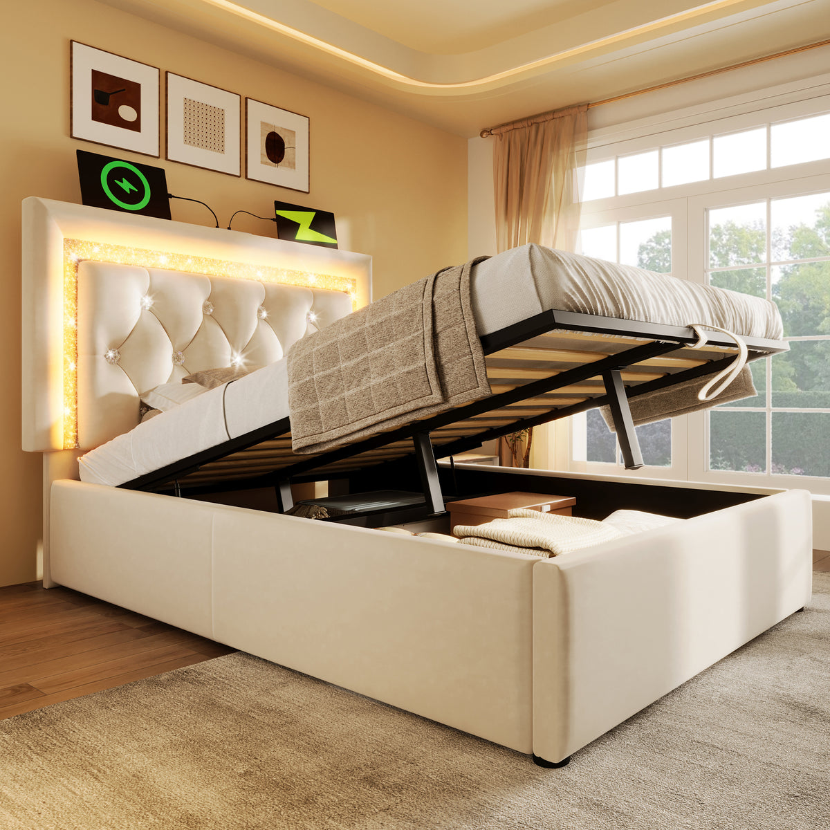 Upholstered Bed 90x200cm with LED & Storage, Beige Velvet
