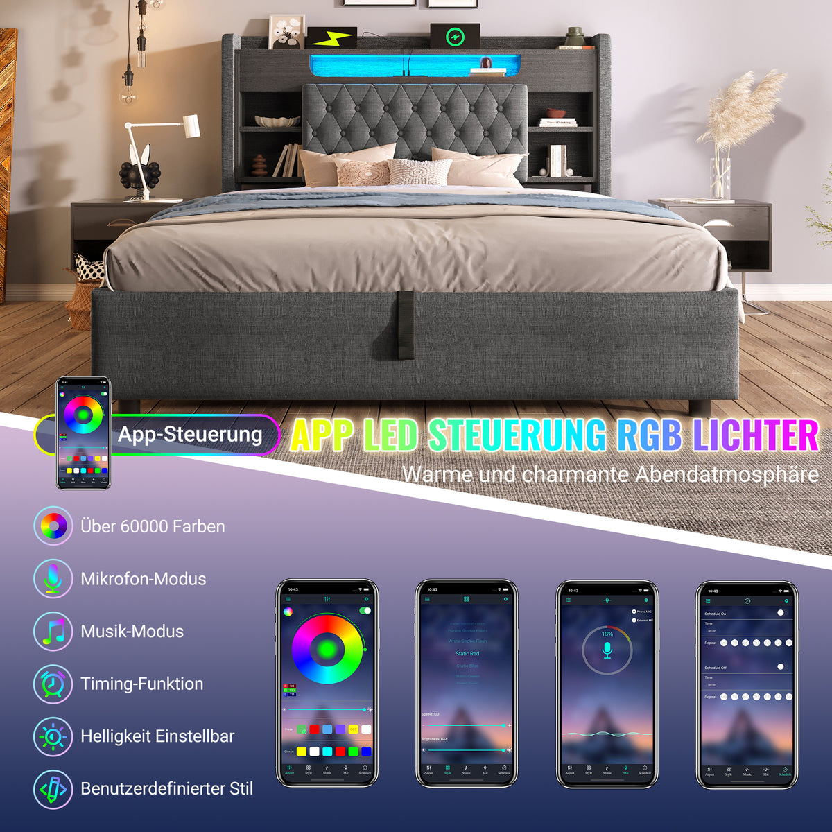 Upholstered Bed 180x200 with Hydraulic Storage & LED, Grey Linen