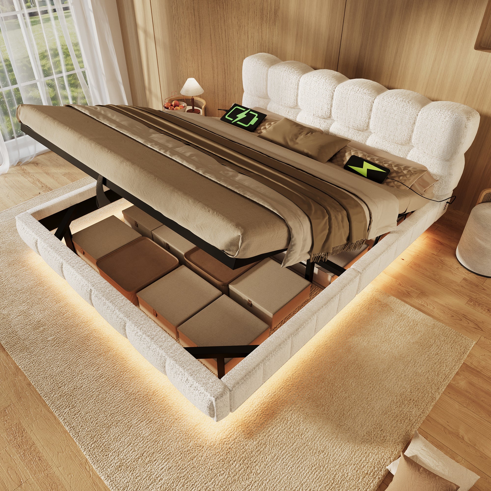 Upholstered Bed 140x190cm, Hydraulic Storage & LED, Beige Chenille