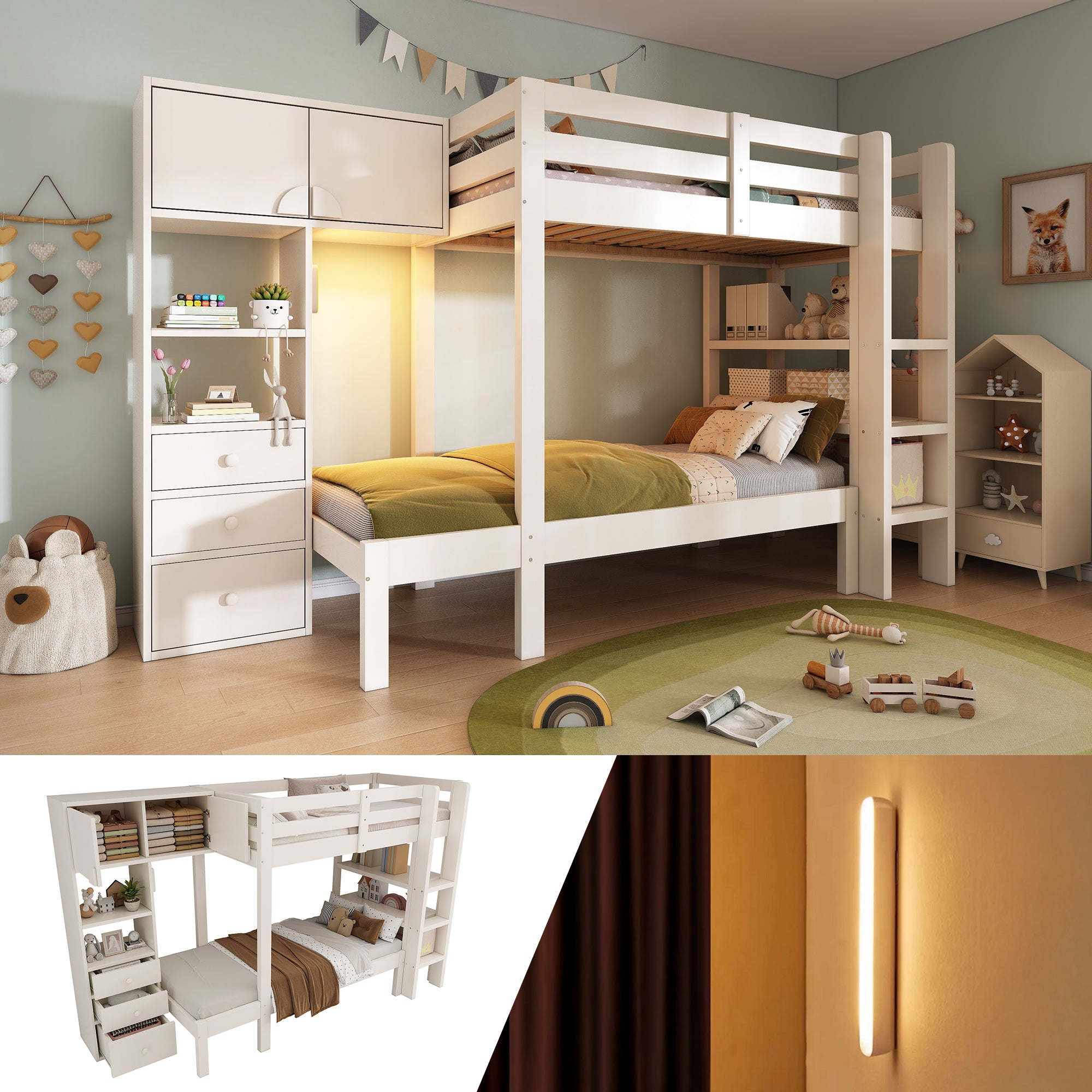 Bunk Bed 90x200 cm with Wardrobe & Storage Drawers, White