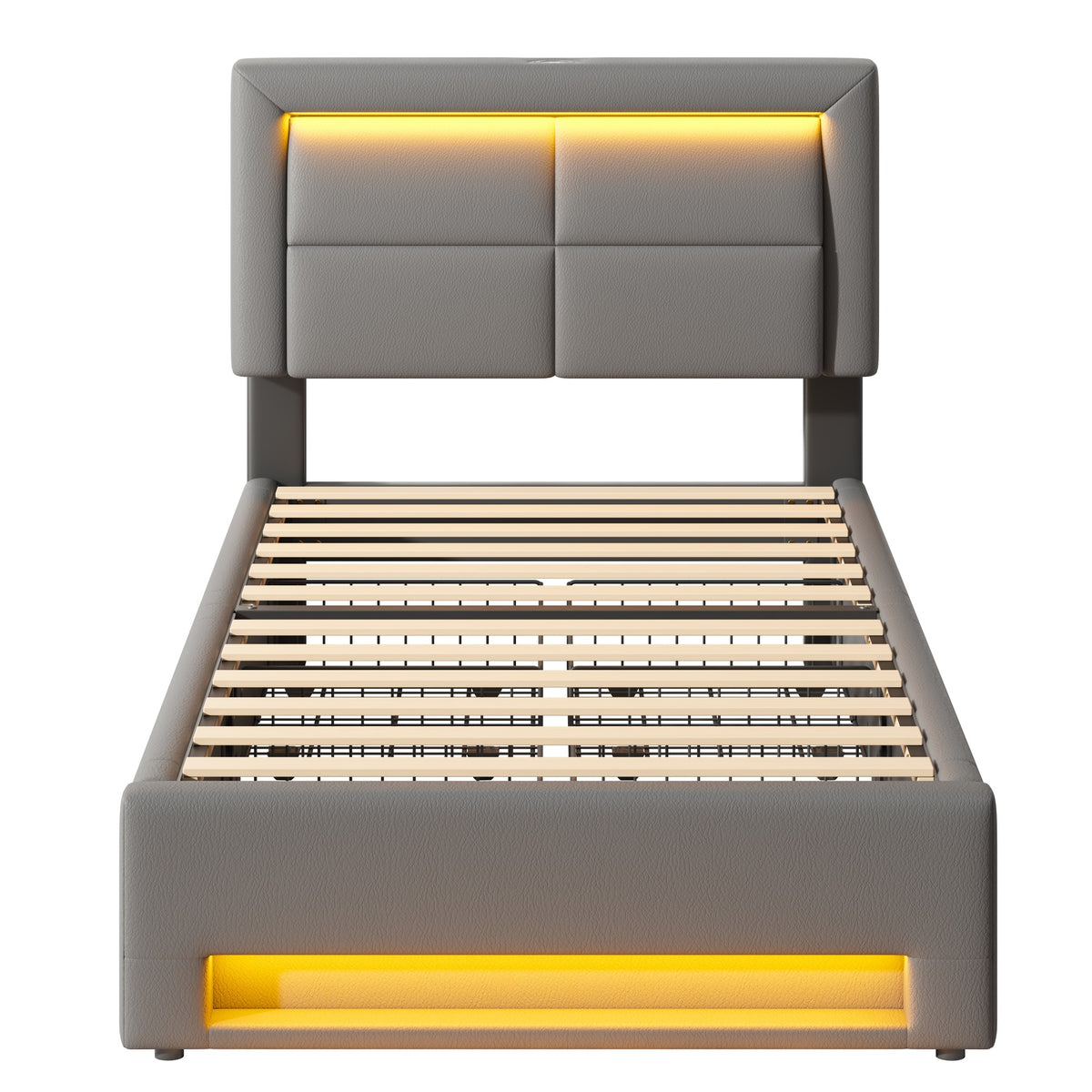 Upholstered Bed 90x190 cm with LED, USB & 4 Drawers, Grey PU