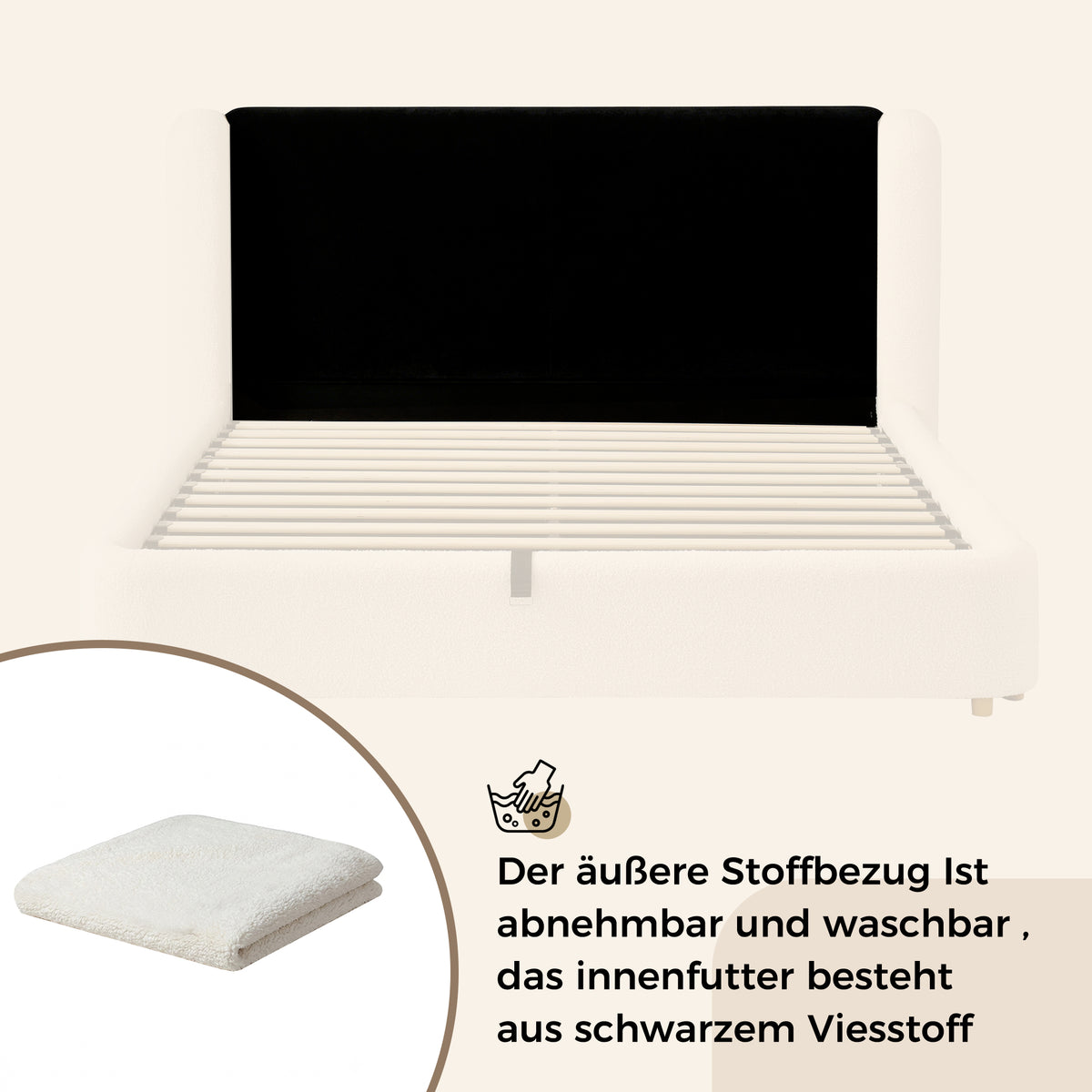 Upholstered Double Bed, Hydraulic Storage 140x190cm, Beige Bouclé