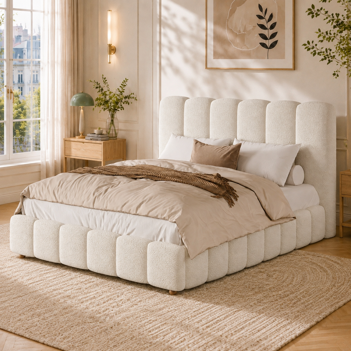 Upholstered Double Bed 140x200cm Hydraulic Storage White Bouclé