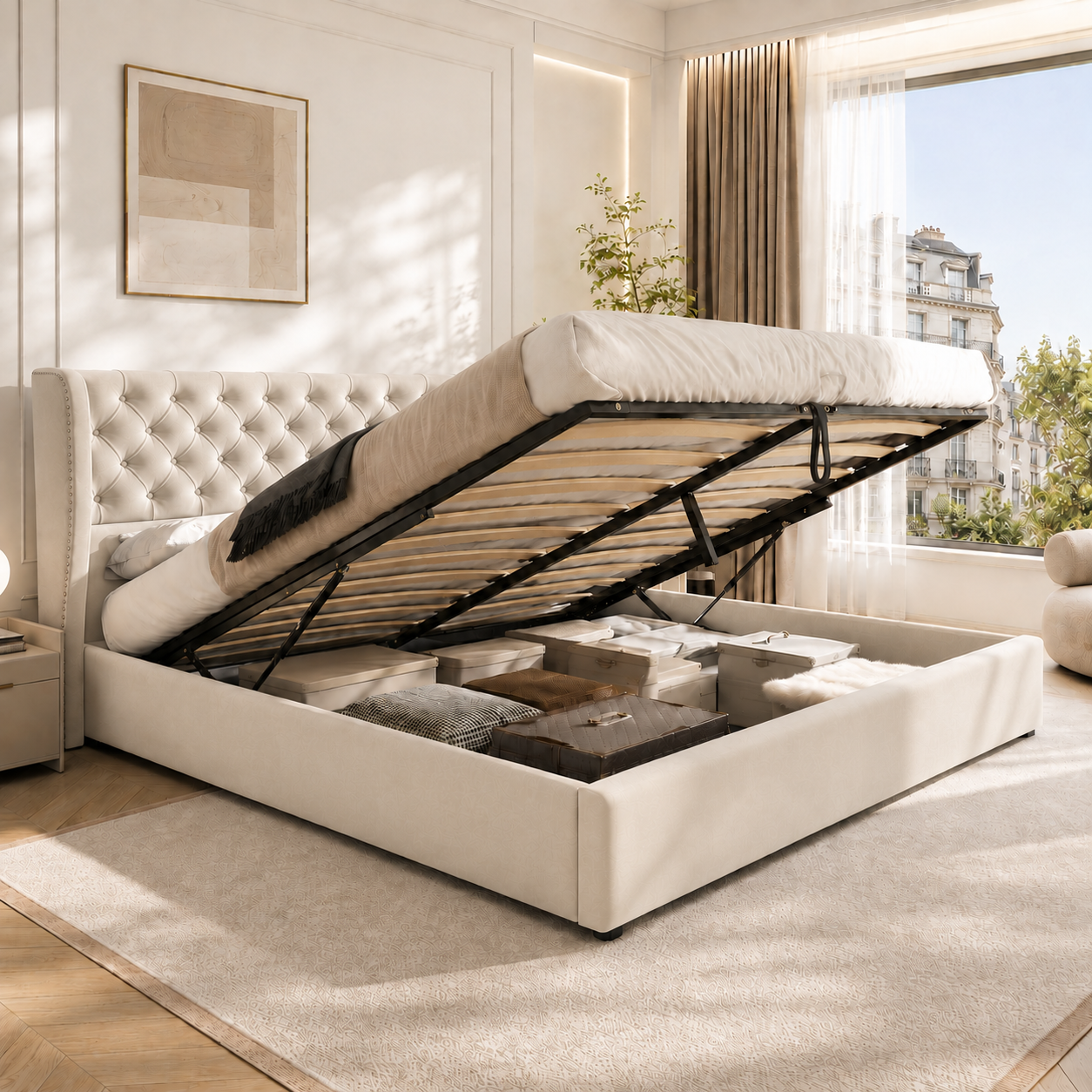 Upholstered Double Bed 160x200 with Storage, Beige Velvet
