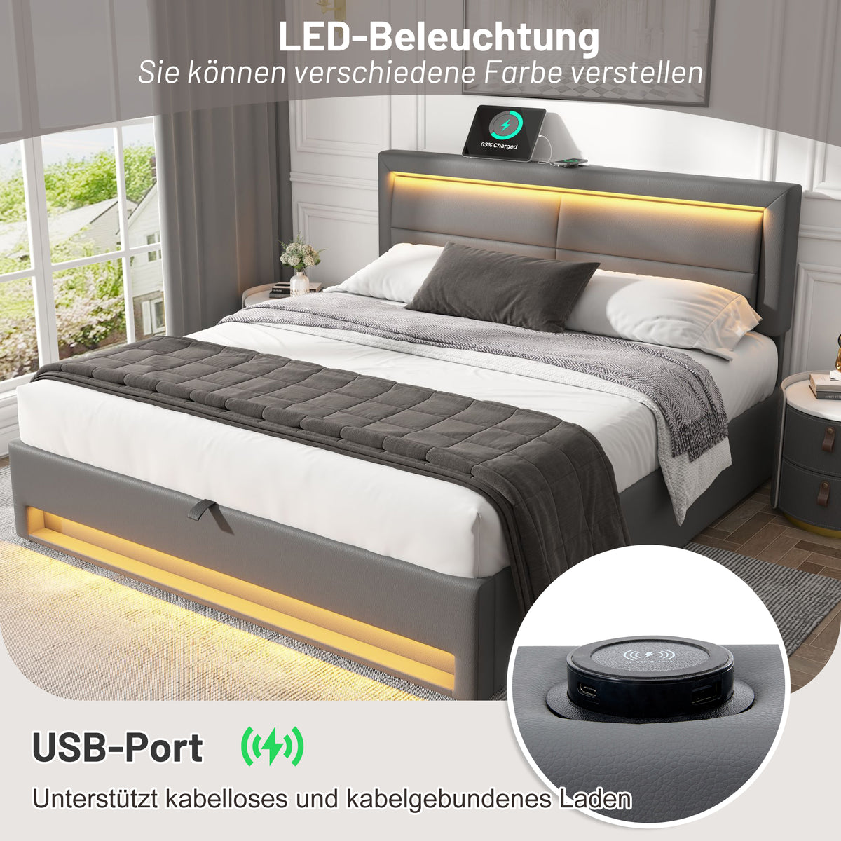 Upholstered Bed 160x200cm with LED & Storage, Grey PU