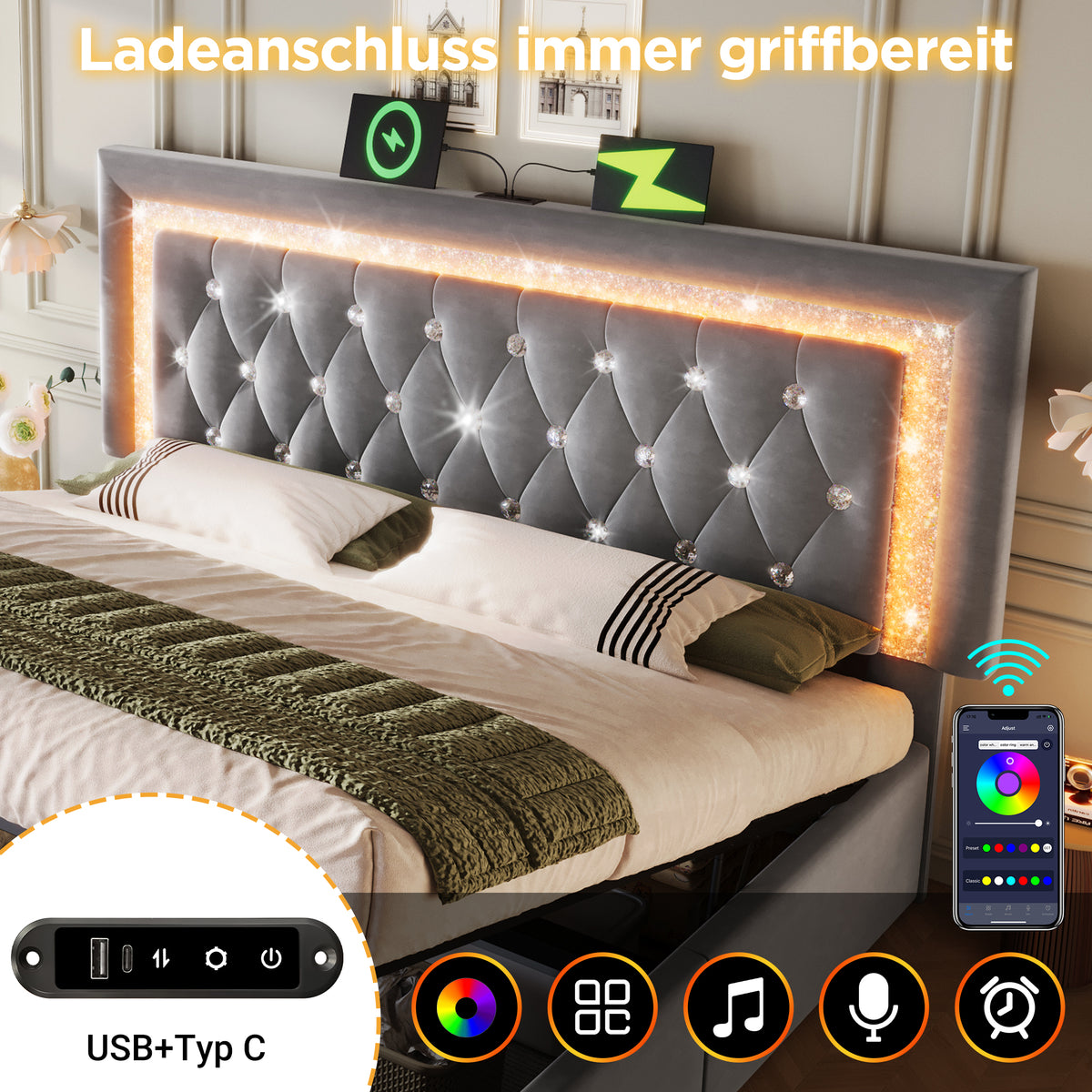 Upholstered Bed 160x200cm with LED & Storage, Grey Velvet