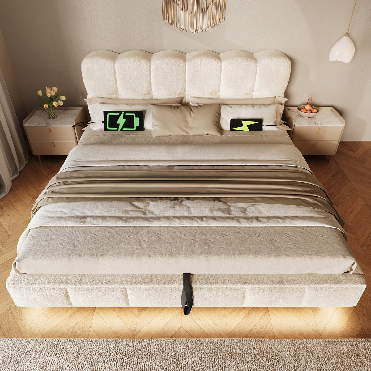 Upholstered Bed 140x190cm, Hydraulic Storage & LED, Beige Chenille