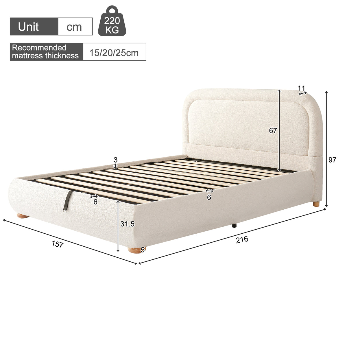 Upholstered Double Bed 140x200 cm with Storage, Beige Bouclé