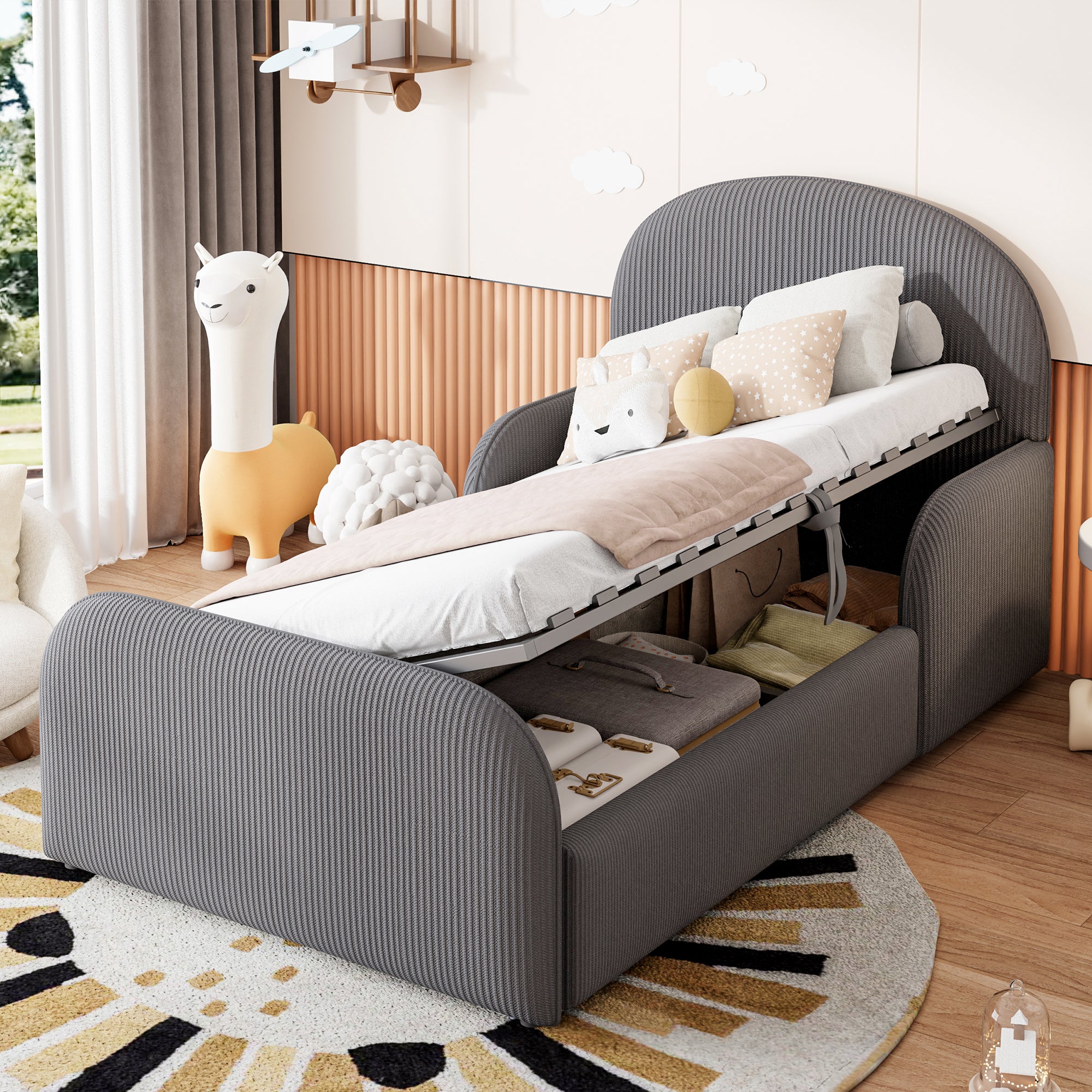 Children's Upholstered Bed 90x200 Hydraulic Storage, Grey Velvet