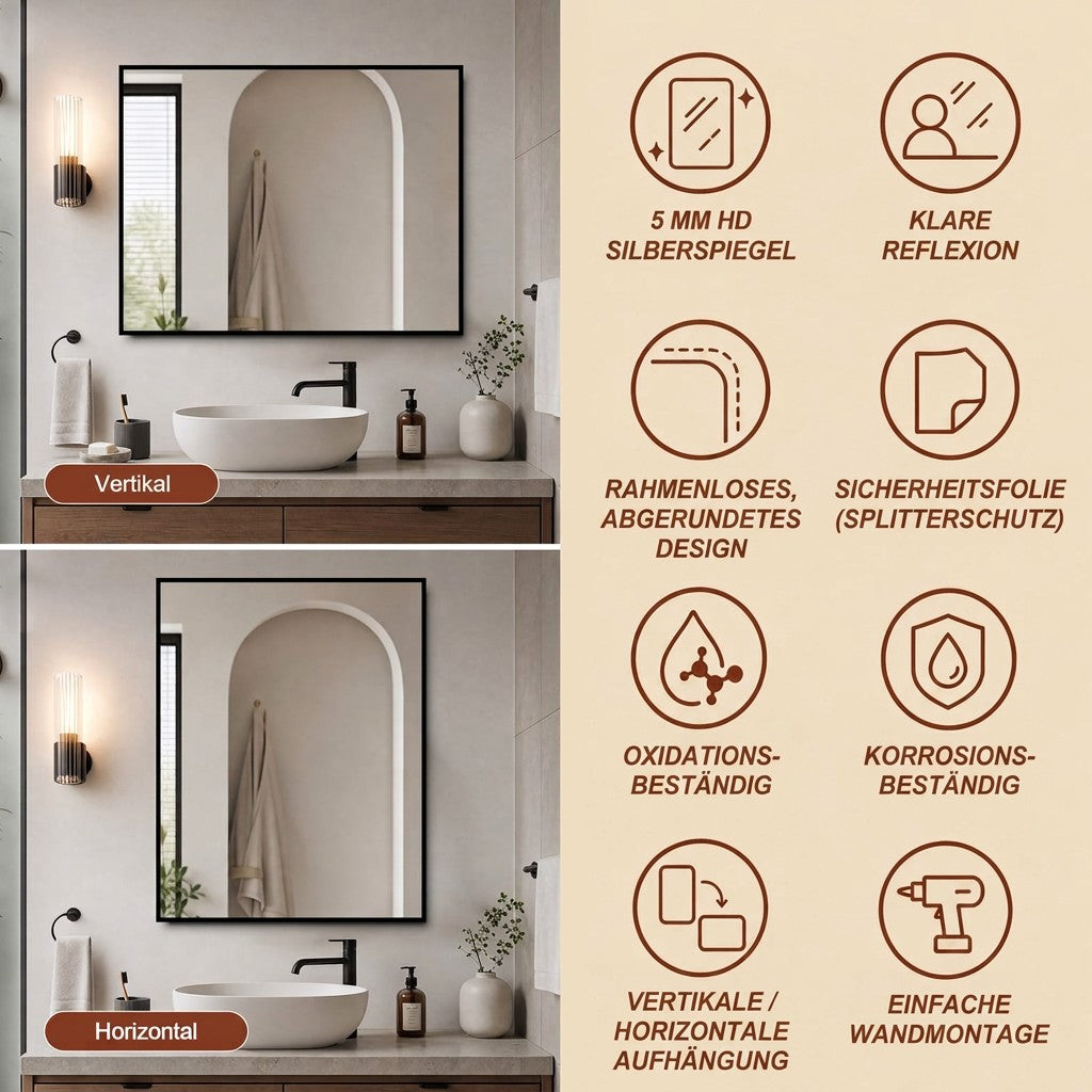 Bathroom Mirror 70x90 cm, HD Wall Mounted, Black Aluminum